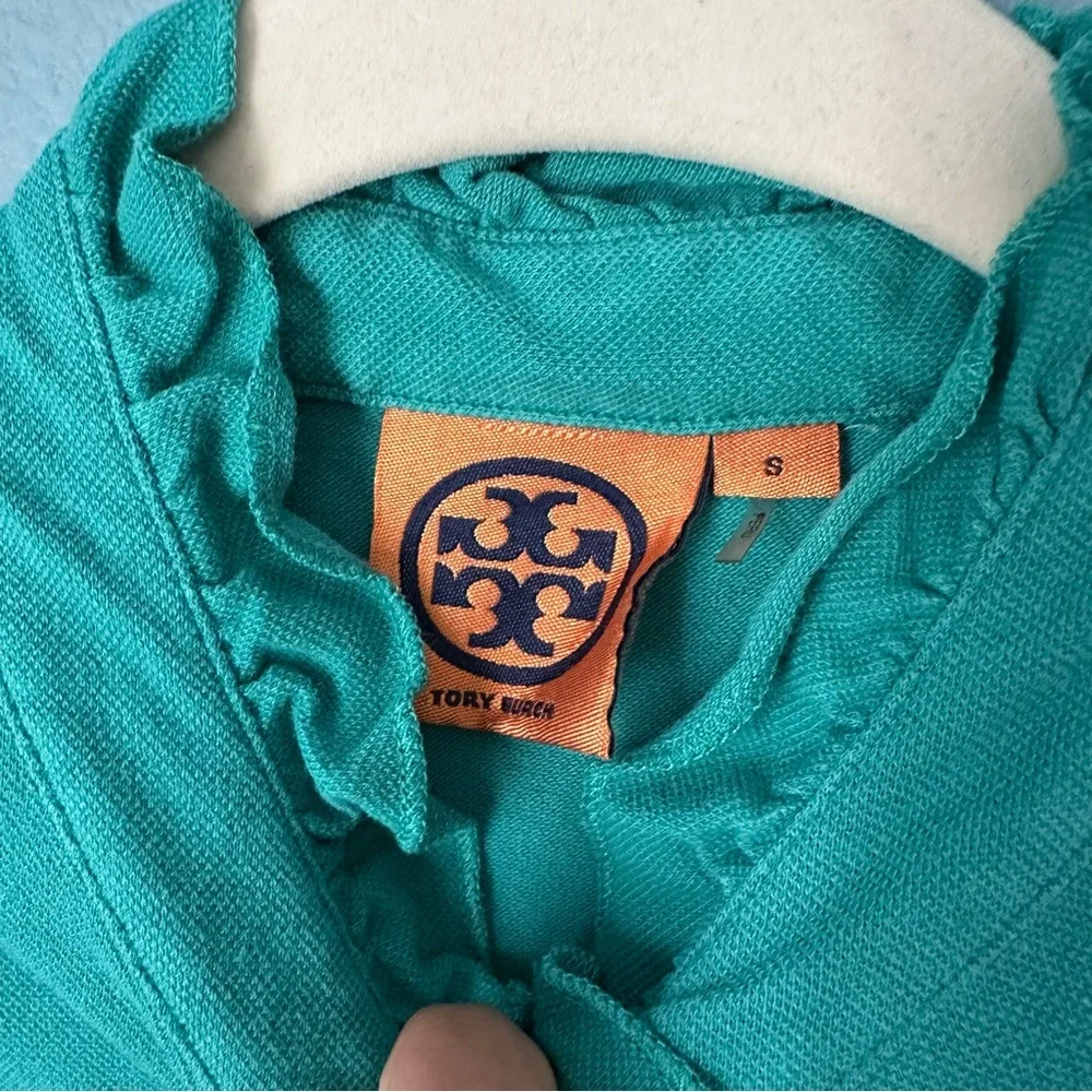 TORY BURCH Sleeveless Ruffled Lidia Polo Gold Logo Button Tank small
